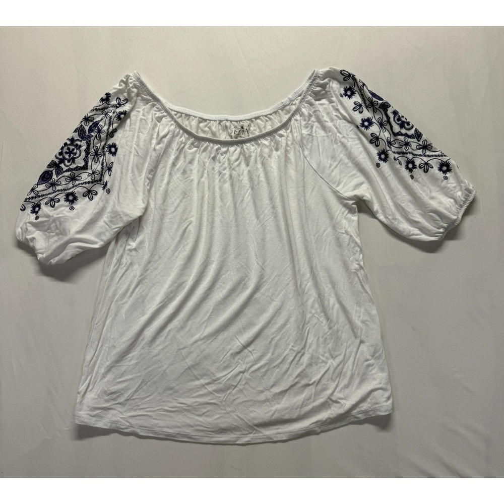Ecla Blouse Top Womens Medium White Rayon Stretch Floral Embroidered Peasant